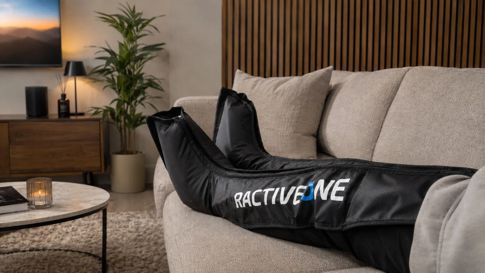 Kompressionsstiefel liegen auf dem Sofa