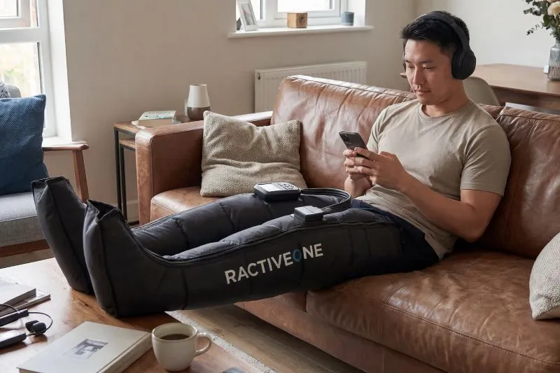 Mann nutzt Recovery Boots abends auf dem Sofa